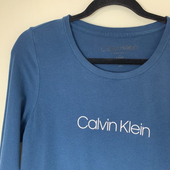 Calvin Klein fleece pj lounge set blue white pants lone sleeve graphic shirt M - Picture 2 of 8